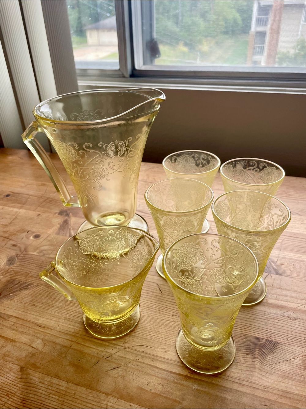 Vintage Antique Hazel Atlas Florentine Yellow Glass Pitcher +,Cup Drinkware Set